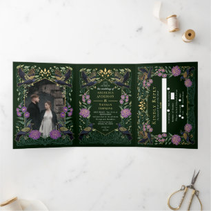 Enchanted Raven Purple Snapdragon Dahlia Wedding Tri-Fold Invitation