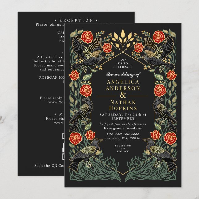 Enchanted Raven Roses Gothic Wedding QR Code  Invitation (Front/Back)