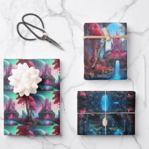 Enchanted Realm – Fantasy Castle & Mystic Plant Wrapping Paper Sheet