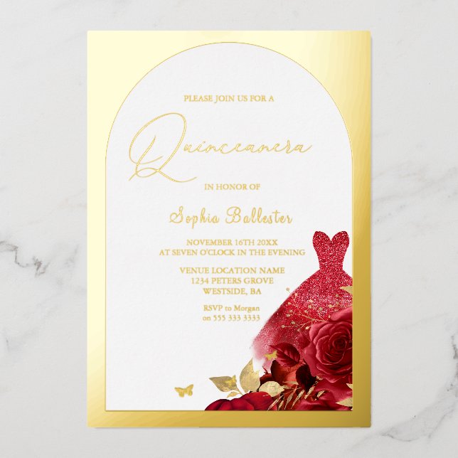 Enchanted Red Dress Blush Floral Quinceanera Gold (Front)