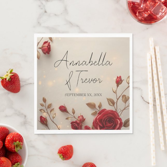 Enchanted Red Roses and Lights Romantic Wedding Napkin (Insitu)