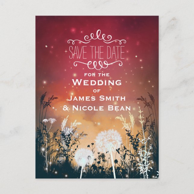 Enchanted Red Sky Stars & Foliage Save The Date Announcement Postcard (Front)