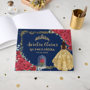 Enchanted Rose Red Roses Princess Gold Quinceanera Guest Book