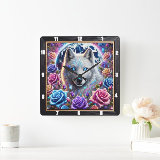 Enchanted Rose Wolf Square Wall Clock (Home)