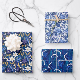 Enchanted Royal Blue Early Spring Floral Pattern Wrapping Paper Sheet