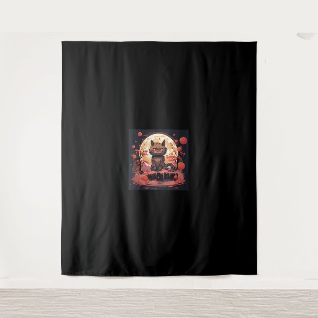 Enchanted Sakura_ Black Cat, Great Wave, and Pumpk Tapestry (Front)