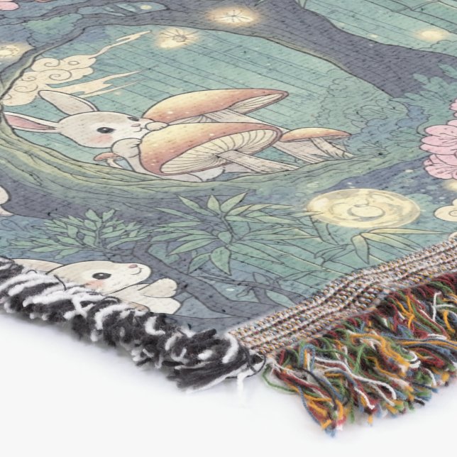 Enchanted Sakura Bunny Forest Throw Blanket (Corner)