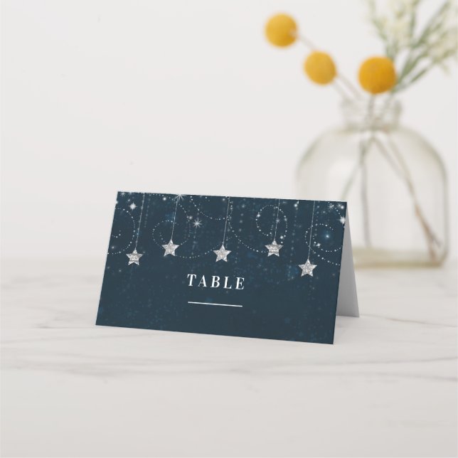 Enchanted Silver Blue Celestial Stars Party Place Card (Front)