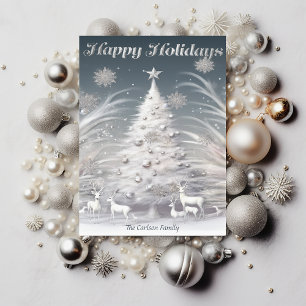 Enchanted Silver Frosted Tree & Reindeer Christmas Holiday Card