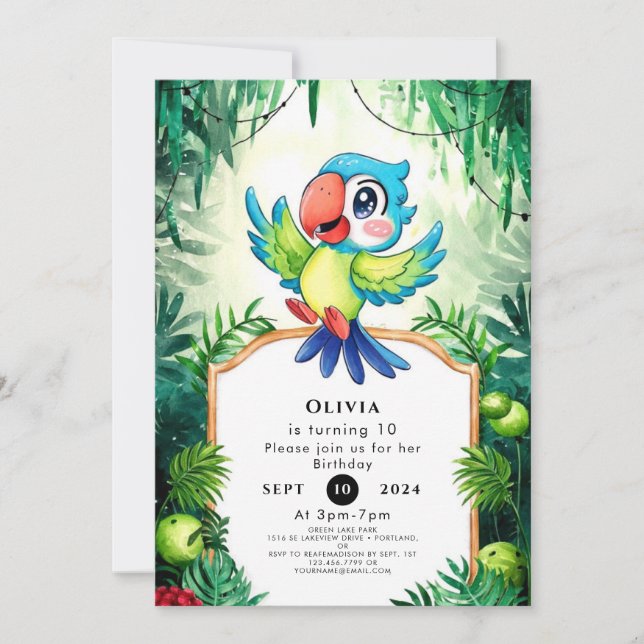 Enchanted Simple Parrot Birthday Invitation (Front)