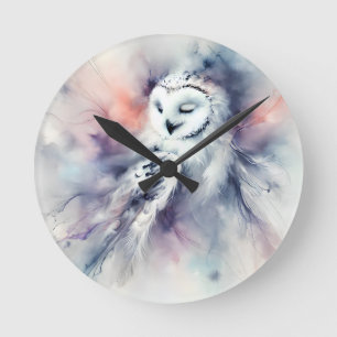 Enchanted Snowy Owl in Watercolor Round Clock