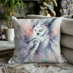 Enchanted Snowy Owl in Watercolor Throw Pillow