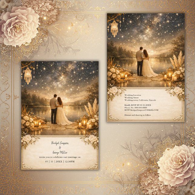 Enchanted Starry Night Lake blue & gold Wedding Invitation (Creator Uploaded)