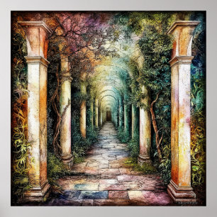 Enchanted Stone Pathway with Arched Pillars Poster