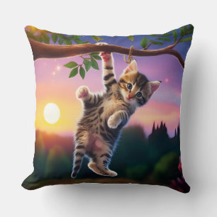 Enchanted Sunset Kitten on Branch Throw Pillow