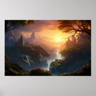 Enchanted Sunset Valley — Fantasy Landscape Art Po Poster