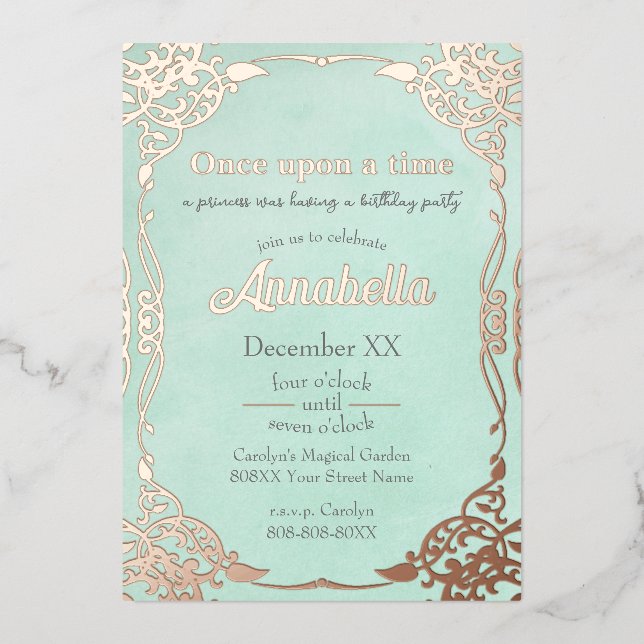 Enchanted Teal Rose Gold Fairy Tale Theme Foil Holiday Card (Front)