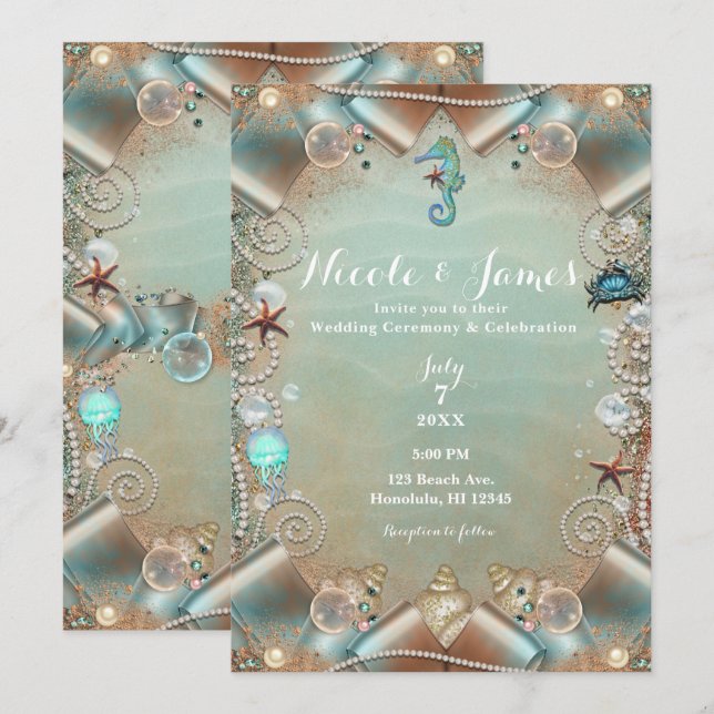 Enchanted Teal Under Sea Pearls Ribbon Wedding Invitation (Front/Back)