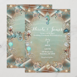 Enchanted Teal Under Sea Pearls Ribbon Wedding Invitation