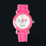 Enchanted Time: Personalized Unicorn Glittery Pink Watch<br><div class="desc">Delight your little one with the "Enchanted Time" Personalized Unicorn Watch, a perfect gift for birthdays or any special occasion. This charming watch features a whimsical rainbow-haired unicorn, adorned with a crown, floral accents, and sleepy cute lashes, set against a glittery pink background. Designed with kids in mind, the watch...</div>