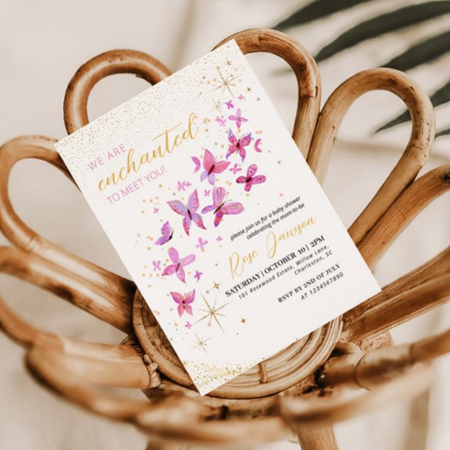 Enchanted To Meet You Butterfly Baby Shower Invitation (Magical pink and gold glitter baby shower invitation design for our mom to be and her little girl)