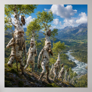 Enchanted Tree Beings on Hillside Poster