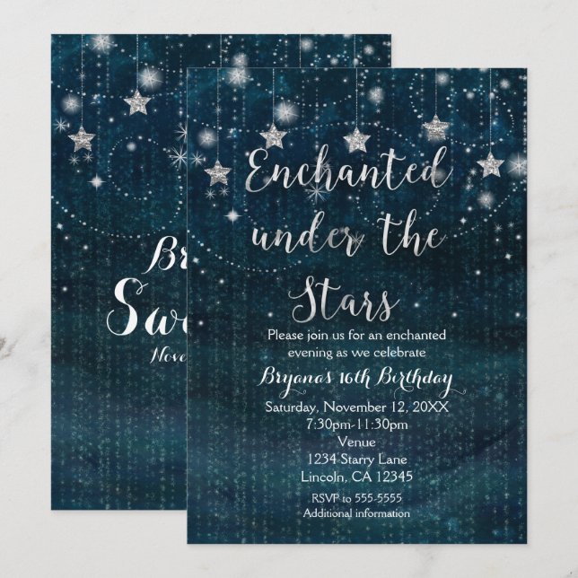 Enchanted under the Stars Silver & Blue Invitation (Front/Back)