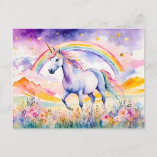 Enchanted Unicorn Beneath A Glowing Rainbow Sky Postcard