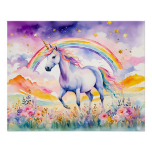 Enchanted Unicorn Beneath A Glowing Rainbow Sky Poster