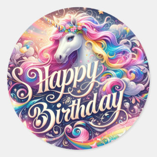 Enchanted Unicorn Birthday Stickers" Classic Round Sticker