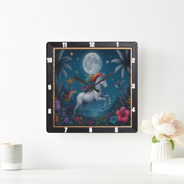 Enchanted Unicorn Tropical Night Square Wall Clock (Home)