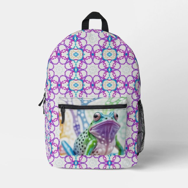 Enchanted Vibrant Happy Frog, Printed Backpack (Front)