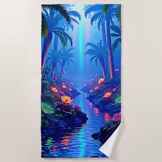 Enchanted Vibrant River Forest Dream Beach Towel (Front)