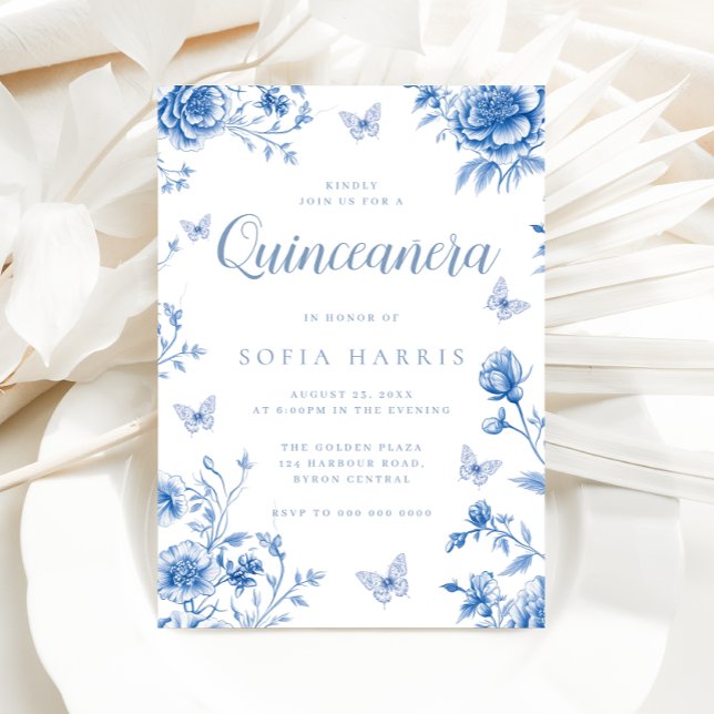Enchanted Vintage Blue Flowers Quinceanera Party Invitation (Creator Uploaded)
