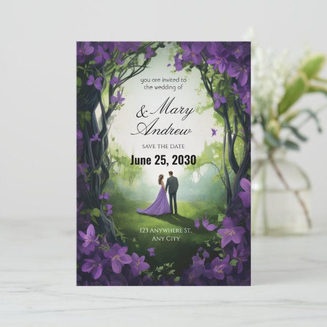 Enchanted Violet Garden Wedding Invitation (Debout devant)