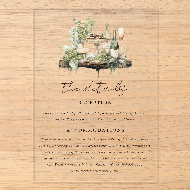 Enchanted Watercolor Forest Boho Wedding Details  Acrylic Invitations (Front)