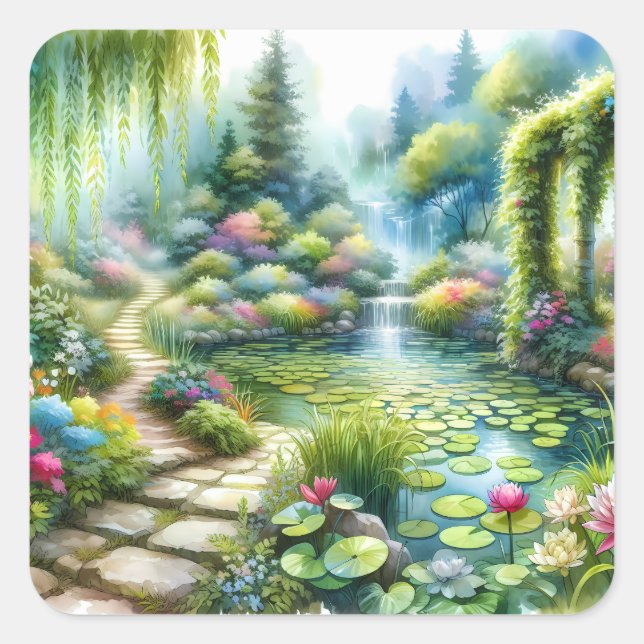 Enchanted Waterfall Garden Lily Pond Square Sticker (Front)
