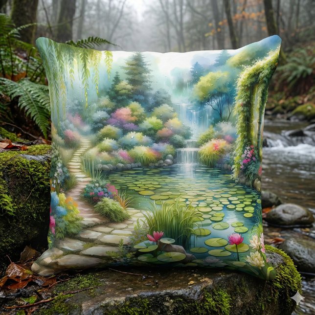 Enchanted Waterfall Garden Lily Pond Throw Pillow (Enchanted Waterfall Garden Lily Pond Throw Pillow Mockup A)