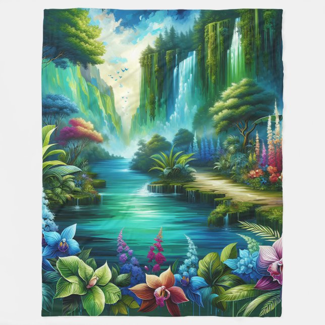 "Enchanted Waterfall Oasis" Fleece Blanket (Front)