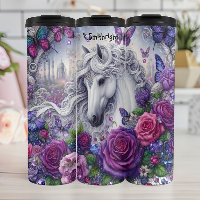 Enchanted White Horse Purple Flowers Butterflies Thermal Tumbler (Creator Uploaded)