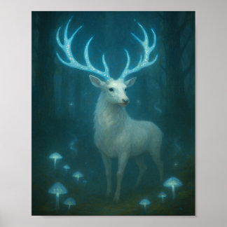 Enchanted White Stag in the Moonlit Forest Poster