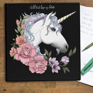 Enchanted White Unicorn Flowers Pink Black Binder