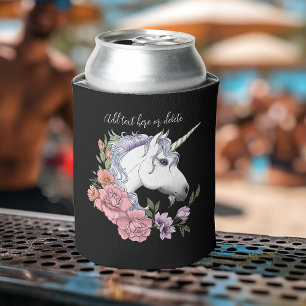 Enchanted White Unicorn Flowers Pink Black Can Cooler