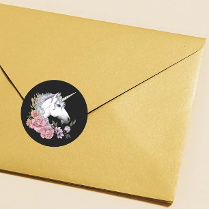 Enchanted White Unicorn  Flowers Pink Black Classic Round Sticker