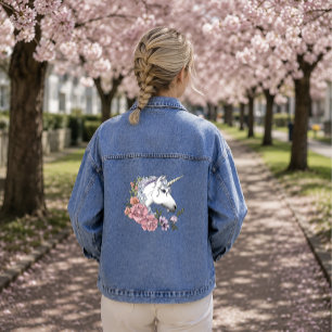 Enchanted White Unicorn Flowers Pink Black Denim Jacket