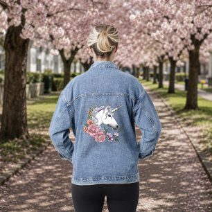 Enchanted White Unicorn Flowers Pink Black Denim Jacket