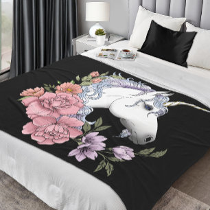 Enchanted White Unicorn Flowers Pink Black Fleece Blanket