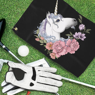 Enchanted White Unicorn Flowers Pink Black Golf Towel
