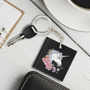Enchanted White Unicorn Flowers Pink Black Keychain
