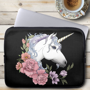 Enchanted White Unicorn Flowers Pink Black Laptop Sleeve